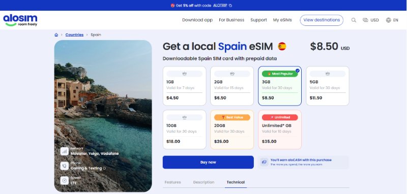 Screenshot of AloSIM eSIMs for Spain