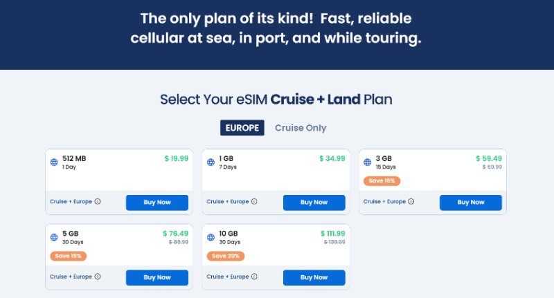 Screenshot of GigSky Cruise and Land Packages