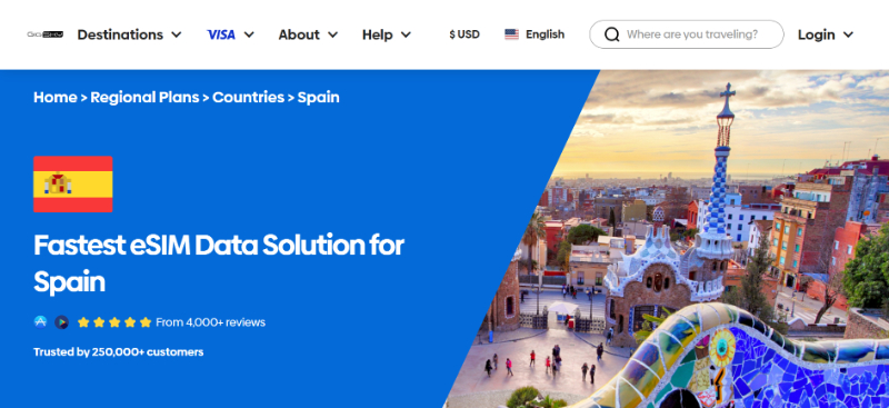 Screenshot of the GigSky eSIM for Spain website