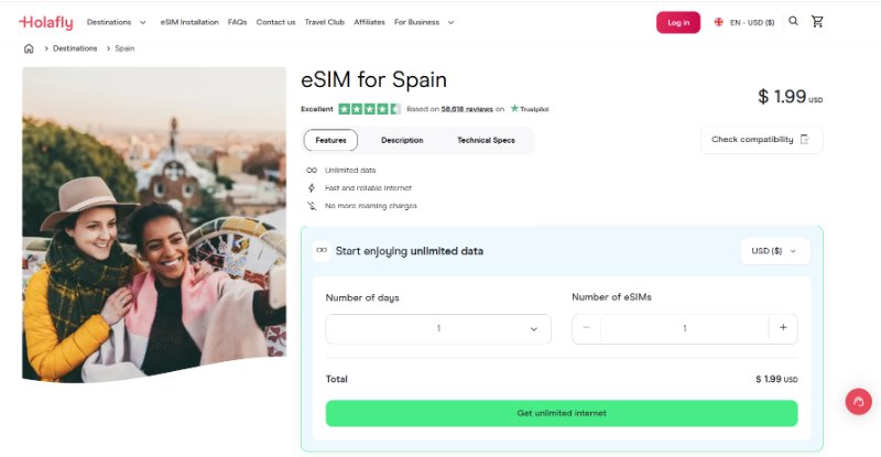 Screenshot of Holafly Unlimited Data eSIM for Spain