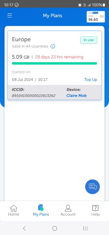 Screenshot of my GigSky eSIM and How Much Data I have Left