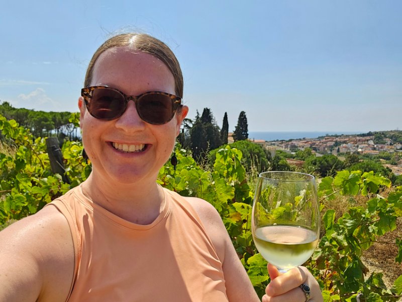 Claire Enjoying a Glass of Wine in an Alella Vineyard near Barcelona
