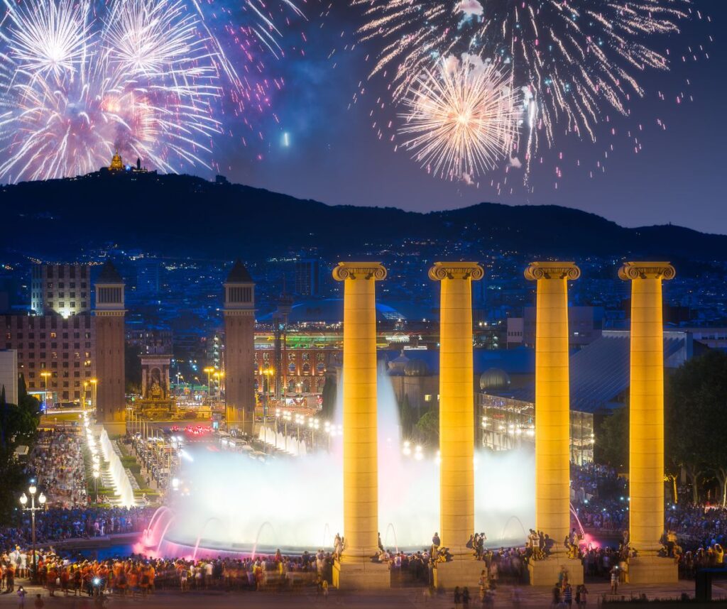 There is a Huge Firework Display at Placa d'Espanya for New Year in Barcelona