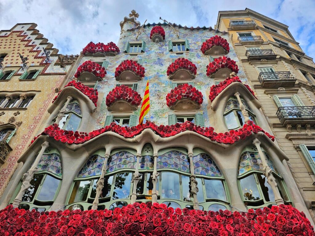 Casa Batllo Decorated with Roses for Sant Jordi Day in Barcelona in April