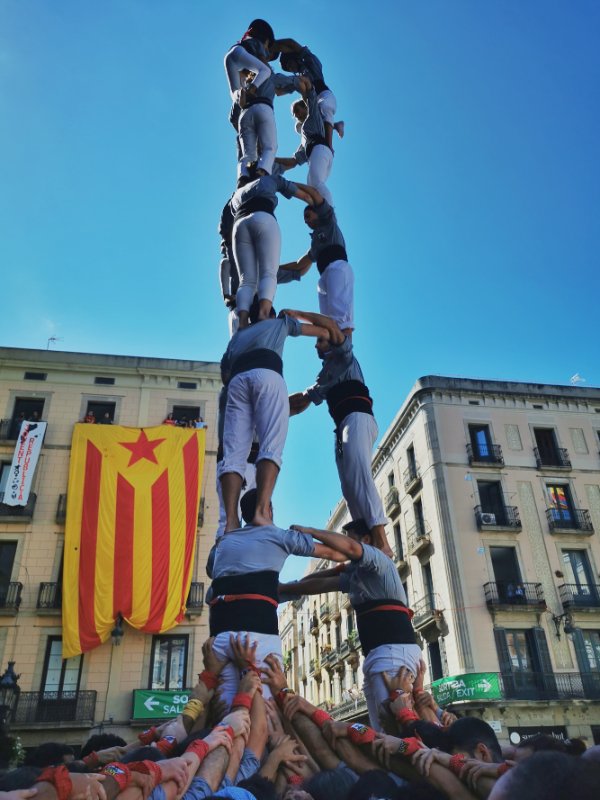 A Castellers Team with a Catalan Independence Flag Behind